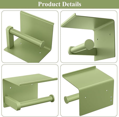 Tindbea Toilet Paper Holder with Shelf Adhesive or Screw Wall Mounted Toilet Paper Roll Dispenser Storage, Stainless Steel Bathroom Shelf Holder Accessories (Soft Sage Green)