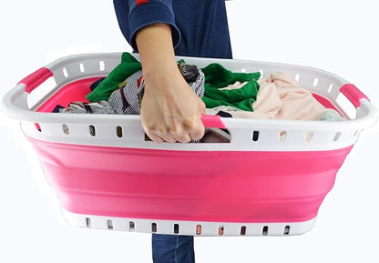 SAMMART 30L (8 gallon) Collapsible 3 Handled Plastic Laundry Basket - Foldable Pop Up Storage Container/Organizer - Portable Washing Tub - Space Saving Hamper/Basket (White/Rose Pink)