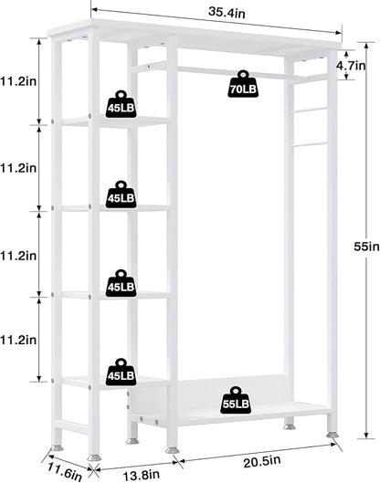 VECELO Open Garment Clothing Rack, Free-Standing Heavy Duty Storage Closet with 5 Shelves and Hanging Rod for Small Spaces, Max Load 350LBS, White