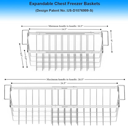 Orgneas Freezer Baskets for Chest Freezer, Capacity Expandable Deep Freezer Organizer Bins Adjustable From 16.5" to 26.5" Stainless Steel Wire Basket Storage with Hanging Handles