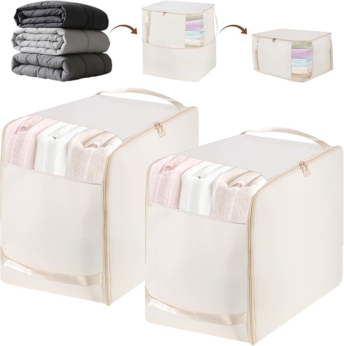 Compression Storage Bags for Down Comforters, Foldable Reusable Organizer for Down Coats, Clothes, Bedding, Blanket, Self Compression Packing Cubes Space Saver Bags with Dual Zipper, 2 Pack 136L Beige