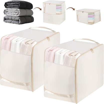 Compression Storage Bags for Down Comforters, Foldable Reusable Organizer for Down Coats, Clothes, Bedding, Blanket, Self Compression Packing Cubes Space Saver Bags with Dual Zipper, 2 Pack 136L Beige