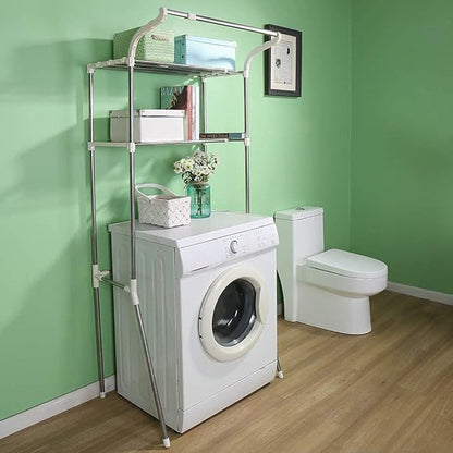 BAOYOUNI Adjustable Over Toilet Bathroom Organizer Above Washer Dryer Storage Shelf 2-Tier Space Saving Rack (24.4-40.55) W X 19.48 D X 68.11 H Inches, Ivory