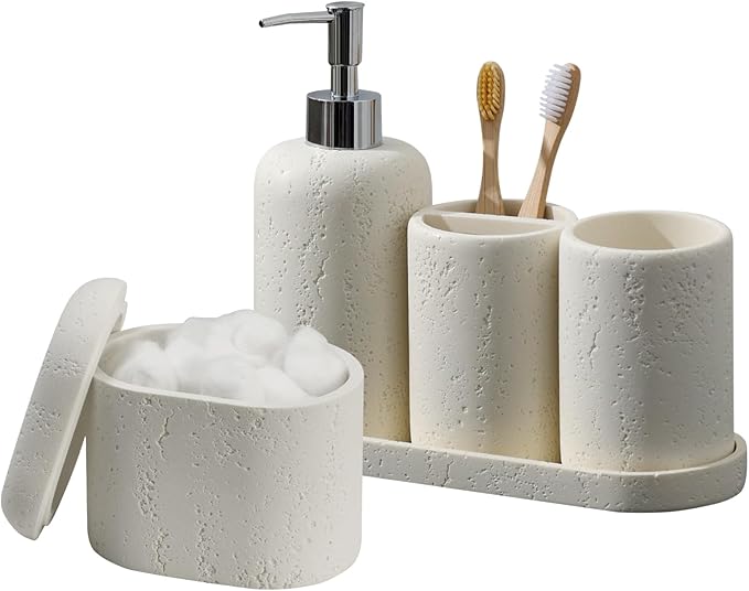 Haocoott Bathroom Accessories Set, 5PCS Modern Bathroom Accessory Set with Soap Dispenser, Mouthwash Cup & Toothbrush Holder, Qtip Holder, Tray