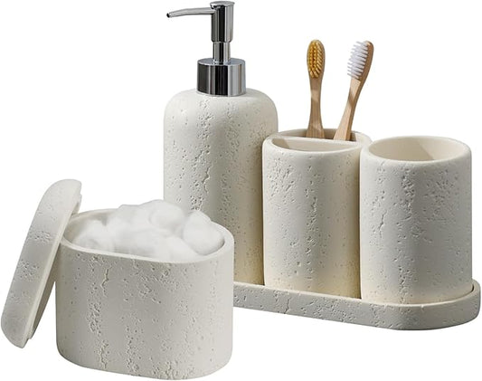 Haocoott Bathroom Accessories Set, 5PCS Modern Bathroom Accessory Set with Soap Dispenser, Mouthwash Cup & Toothbrush Holder, Qtip Holder, Tray