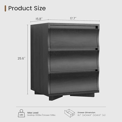 SUCSSRICH Black Nightstand, Night Stand with 3 Drawers, Modern Nightstand with Large Storage, Silent Slides, Wooden End Side Table, Bedside Table with 3 Drawers for Bedroom