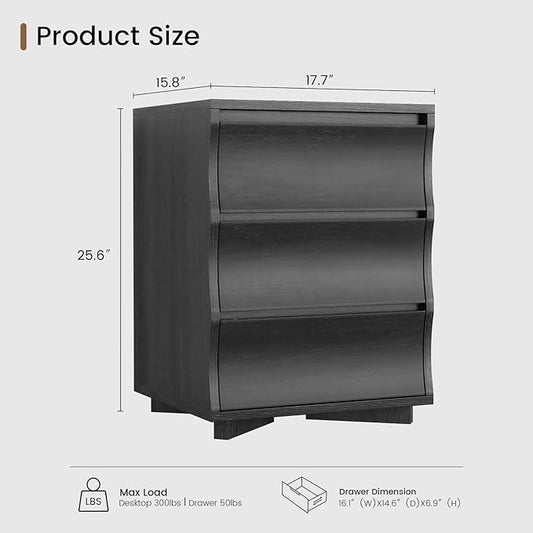 SUCSSRICH Black Nightstand, Night Stand with 3 Drawers, Modern Nightstand with Large Storage, Silent Slides, Wooden End Side Table, Bedside Table with 3 Drawers for Bedroom