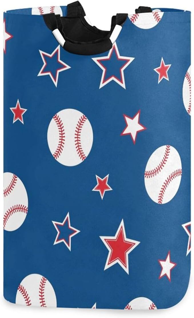 Laundry Hamper Basket Blue Baseball Stars Storage Basket Collapsible Clothes Hamper with Handle Decorative Organizer Bins Basket for Dirty Clothes Living Room Bathroom