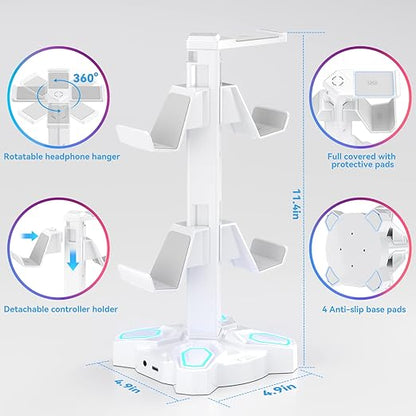 KDD Gaming Headphones Stand, Rotatable Headset Stand with Light Modes - Controller Holder with 2 USB Charging Ports and 3.5mm - Earphone Hanger Accessories for Desktop Gamer(White)