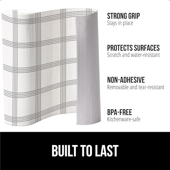 GORILLA GRIP DripGuard Shelf Liner, Non Adhesive Drawer and Kitchen Cabinet Protector, Slip Resistant BPA Free Smooth Surface Plastic Liners for Cabinets, Bathrooms, Closets, 17.5x240 Inch Gray Stripe