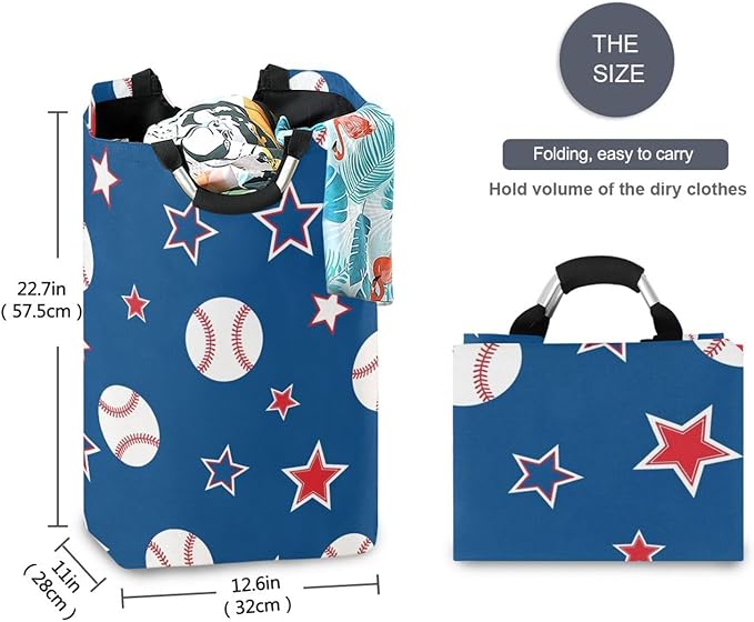 Laundry Hamper Basket Blue Baseball Stars Storage Basket Collapsible Clothes Hamper with Handle Decorative Organizer Bins Basket for Dirty Clothes Living Room Bathroom