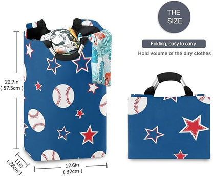 Laundry Hamper Basket Blue Baseball Stars Storage Basket Collapsible Clothes Hamper with Handle Decorative Organizer Bins Basket for Dirty Clothes Living Room Bathroom