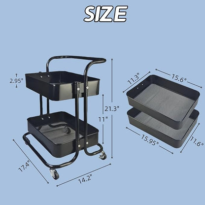 2 Tier Rolling Utility Cart with Wheels All-Metal Short Pantry Cart Under Desk Storage Trolley with Handle, Small Rolling Storage Shelf for Small Space Kitchen Laundry Room Bathroom, Black