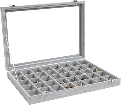 Wudygirl Jewelry Organizer Velvet Jewelry Box 40 Grid Earring Holder Organizer with Lid Ring Holder Ring Display Case Adjustable (Gray)