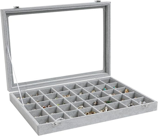 Wudygirl Jewelry Organizer Velvet Jewelry Box 40 Grid Earring Holder Organizer with Lid Ring Holder Ring Display Case Adjustable (Gray)