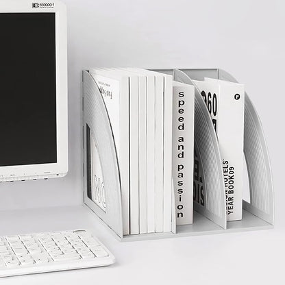 SAYEEC Magazine Holder Plastic File Sorter Binder Holder for Desk Folder Organizer Stand Book Shelf Dividers Vertical Filling Storage Rack Desktop Bookshelf Display Box for Office School Home (Grey)