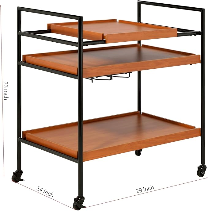 3-Tier Rolling Bar Cart, Honey Oak & Black Metal Frame, 29W x 14D x 33H inches