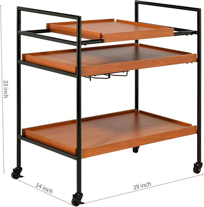3-Tier Rolling Bar Cart, Honey Oak & Black Metal Frame, 29W x 14D x 33H inches