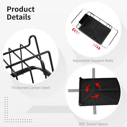 Expandable Dish Drying Rack, Carbon Steel Dish Rack with Drain Board and Utensil Holder, Extendable 14.2-20.7 in Drainer with Swivel Spout for Kitchen Counter
