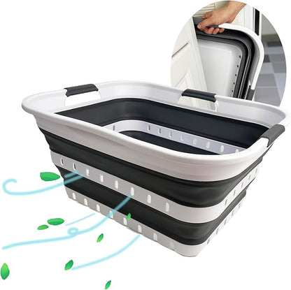 SAMMART 42L (11 gallons) Set of 2 Plastic Foldable Storage Basket/Container - Collapsible, Space Saving and Portable Laundry Hamper, Ideal for Home, Travel, Dorm, and Camping (2, White/Steel Grey)