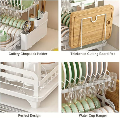 HOISIMDY 2 Tier Dish Drying Rack Automatic Drainage Board Space-Saving for Kitchen Counter with Cups Holder