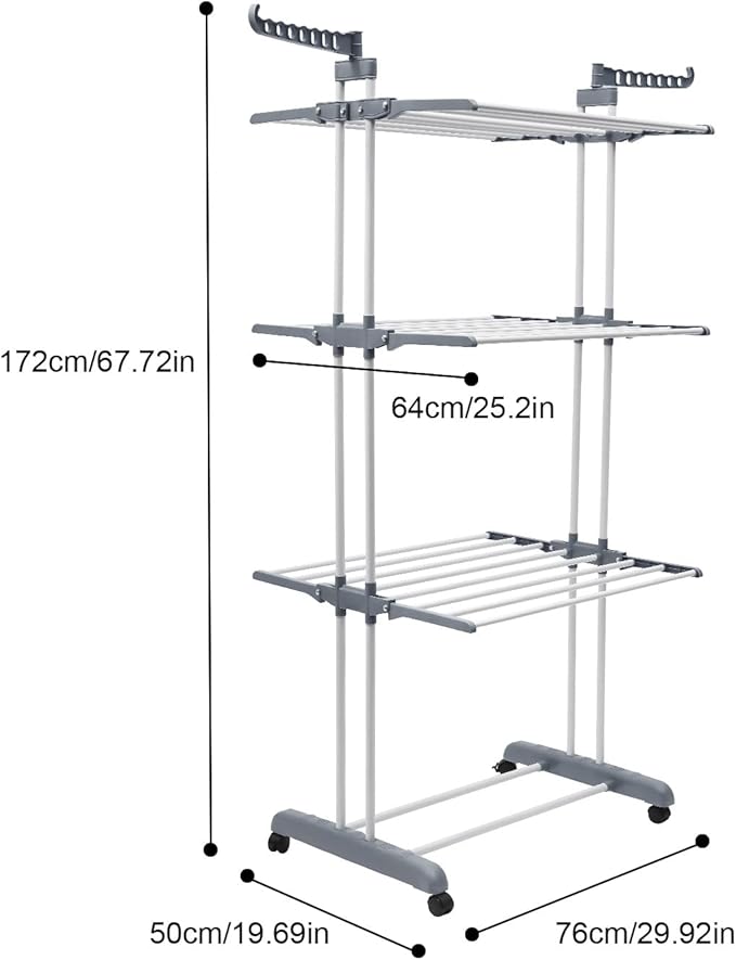 Foldable Clothes Drying Rack, 4 Tier Metal Clothes Rail with Wheels 7 Windproof Hooks Clothes Horses Rack Laundry Garment Dryer Stand with 2 Side Wings Indoor, Outdoor, Bedroom, Loft (Gray)