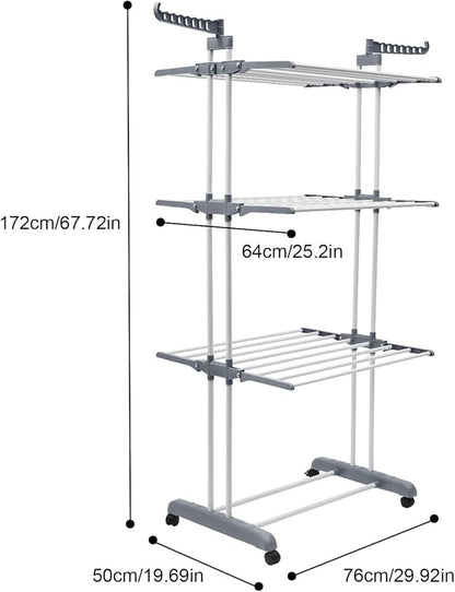 Foldable Clothes Drying Rack, 4 Tier Metal Clothes Rail with Wheels 7 Windproof Hooks Clothes Horses Rack Laundry Garment Dryer Stand with 2 Side Wings Indoor, Outdoor, Bedroom, Loft (Gray)
