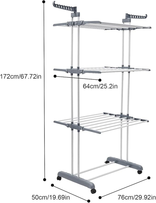 Clothes Drying Rack, 4-Tier Foldable Stainless Steel Drying Rack, Movable Drying Rack with 4 castors, for Balcony, Patio, Indoor Outdoor Use