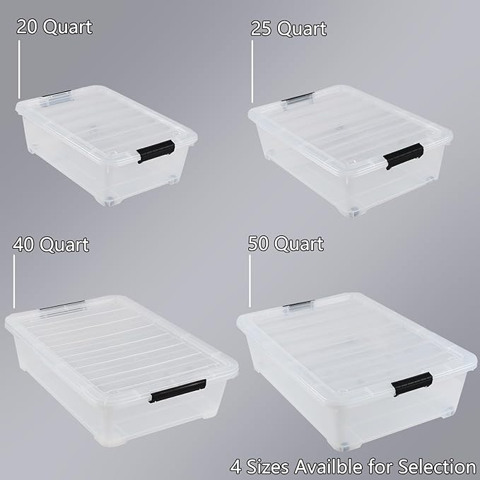 Zopnny 3-Pack 20 Quart Under Bed Shoe Storage Organizer, Underbed Storage Container Box with Wheels, Clear