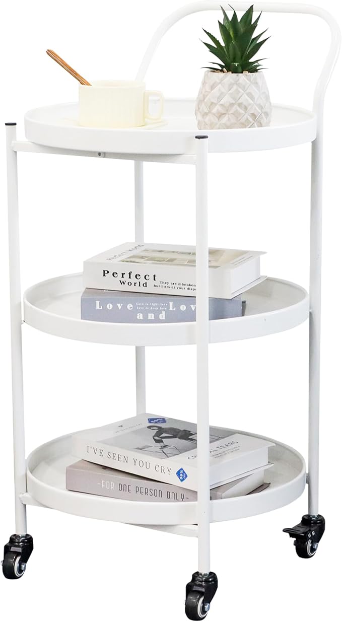 TRIROCKS 18 * 31" H Round Gold 3-Tier Rolling Bar Cart with Wheels Elegant Metal Frame Serving Cart for Kitchen, Dining Room, or Living Room Display and Storage (White)
