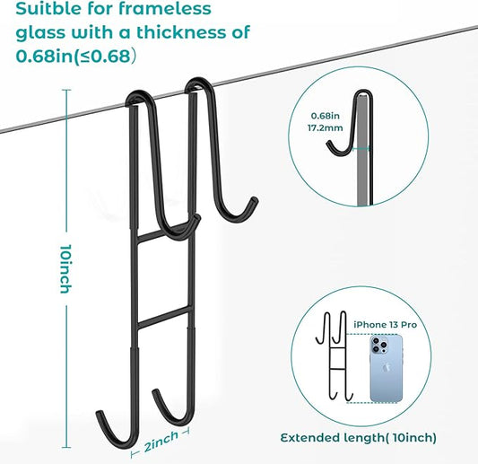 Cerbonny Shower Door Hooks (10 Inch), 2 Pack Extended Towel Hooks for Bathroom, Over Door Hooks, Shower Hooks for Frameless Glass Door, Black