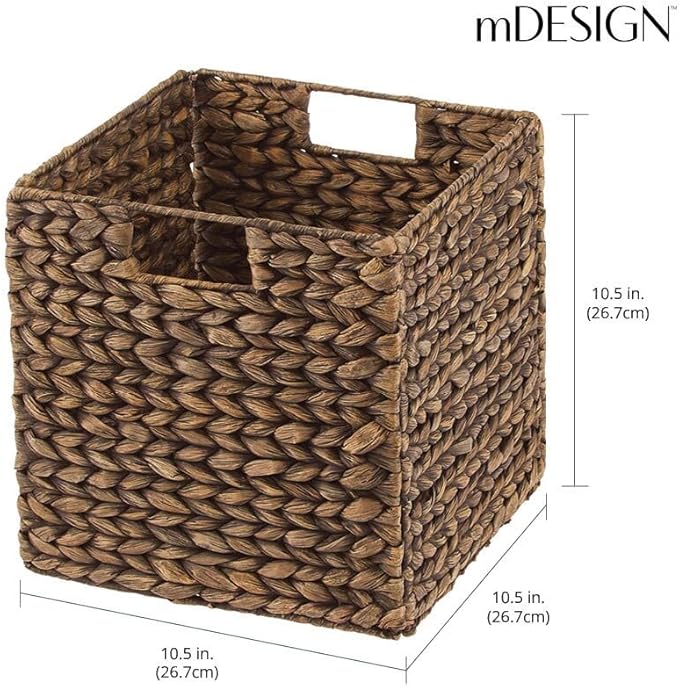 mDesign Natural Woven Hyacinth Cube Organizer Basket with Handles, Storage for Bathroom, Laundry Room Shelf or Nursery - Perfect for Cubby Storage Units - Hold Blankets and Books - 6 Pack, Brown Wash