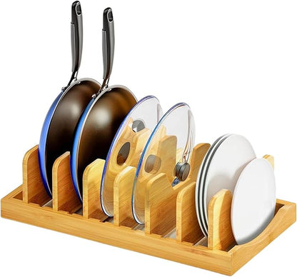 Pozmrtsr Bamboo Pot Lid Organizer for Cabinet & Kitchen Counter, Pan Lid Organizer Inside Cabinet, Pot Lid Holder, Sheet Pan Rack, Adjustable Pot Cover Holder Rack for Countertop, Under Cabinet