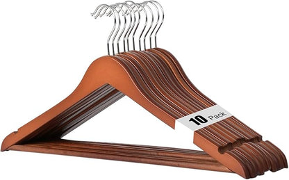 Hapmira Premium Wooden Hangers 10 Pack, Natural Solid Wood Hangers with Trouser Rods and Shoulder Notches, Space Saving for Suits, Shirts, Jackets, Dresses and Pants (10, Vintage)