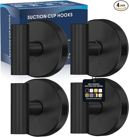 MOTAIPEAK Suction Cup Hooks for Shower,Heavy Duty Shower Towel Suction Hooks,No Drill Wall Mounted Towel Hooks for Bathrooms Wall,Kitchen,Glass,Mirror,Tile to Hang Towels,Robes,Coat-Black(4 Pack)