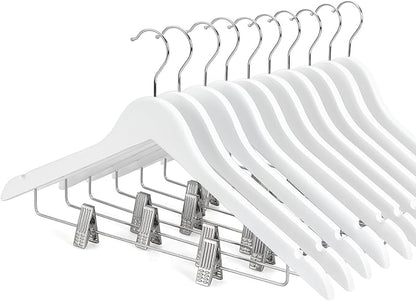 TOPIA HANGER Wooden Suit Hangers with Adjustable Metal Clips (10 Pack), Solid Smooth Wood Clothes Hangers, 360° Swivel Hook, Premium Pants Hangers for Clothes Coat, Jeans, Blouse-White,CT28W