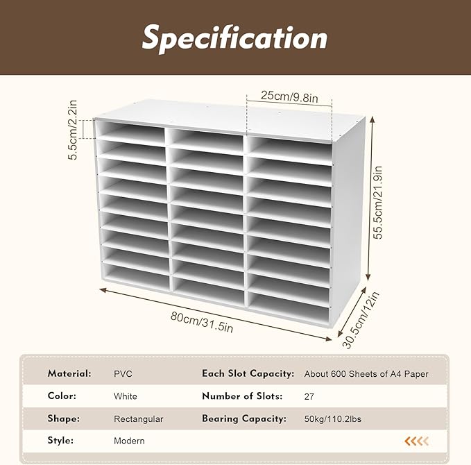 Literature Organizers, 27 Compartments Office Mailbox with Adjustable Shelves, 9 Layer Mail Organizer for Home School Offices, Wood Literature Sorter 32x12x22 for Office(White, 27 Slots)