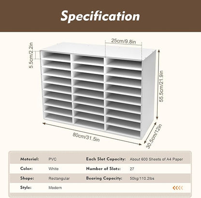 27 Compartments Literature Organizer,9 Layer PVC Mail Sorter Organizer with Adjustable Shelves, Door-less Mail Center Paper Storage Cabinet for Files Magazines Documents (27 Slots - White)