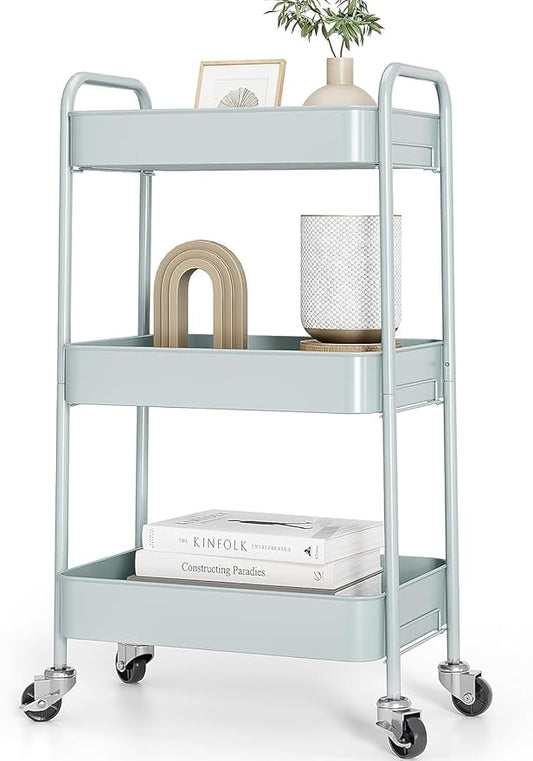 TOOLF 3-Tier Metal Rolling Cart with Wheels, Storage Utility Organizer Cart for Kitchen, Bathroom, Office, Baby Essentials & Makeup - Lockable Casters, Easy Assembly, Large Capacity, Green