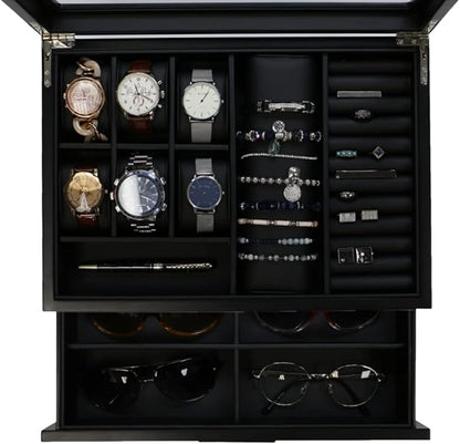 Decorebay Executive Unisex Black Wood Valet sunglasses and Jewelry Box Storage (SuperStar 2)