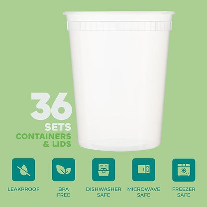 JoyServe 32 Oz Deli Food Containers with Lids - (36 Sets) Quart Airtight Plastic Food Storage for Takeout, Meal Prep, To-Go, Soup Freezer Containers with 36 Lids, BPA-Free, Dishwasher, Microwave Safe