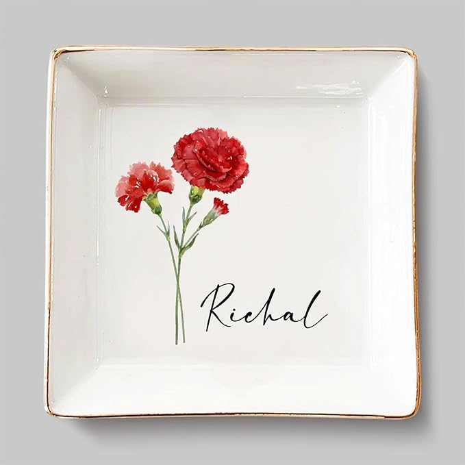 JRLCTECH Friends are Flowers That Never Fade, Custom Birth Month Flower Jewelry Dish, Personalized Trinket Tray Ring Dish, Birthday Gift for Friend, BFF Gift, Wedding Gift for Women