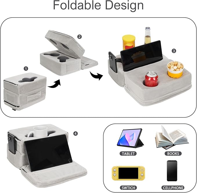 Couch Cup Holder Tray Pillow, Large Sofa Organizer Caddy with 6 Holes and Side Pocket Bed Refreshment Tray for iPad, Drinks, Remotes, Phones, Snacks, Removable & Washable (Silver)