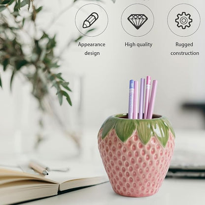 Strawberry Pencil Holder, Cute Pen Holder for Desk, Ceramic Pen Holder, Stand Makeup Brush Holder, for School, Home, Office Desk Decor(Pink)