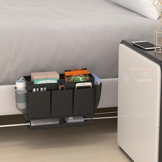 Frjjthchy Bedside Caddy, Bed Organizer with 11 Pockets and Power Strip Holder,Versatile Bedside Storage Caddy for Home,Dorm,Bunk,Hospital,Crib Bed (Black)