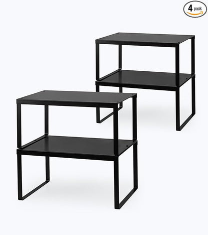 HHVACUUN Cabinet Organizer Shelf, Set of 4 Cabinet Shelves, Stackable Metal Kitchen Counter Organizer, Adjustable Countertop Cupboard Pantry Shelf Riser Storage Rack, Black