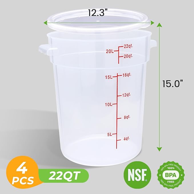 BIEAMA 4 Pack Round Food Storage Containers with Lids, 22Qt Large Translucent Food Container, Polypropylene, BPA Free, Includes Labels & Measuring Cups