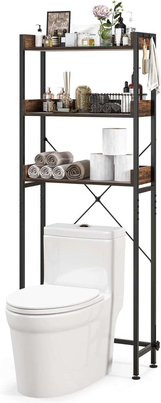 LOKO 3-Tier Over The Toilet Storage Rack, Bathroom Space Saver Shelf, Freestanding Above Toilet Organizer with 4 Hooks, Anti-Tipping Device, Metal Frame Toilet Rack for Balcony Laundry (Brown+Black)