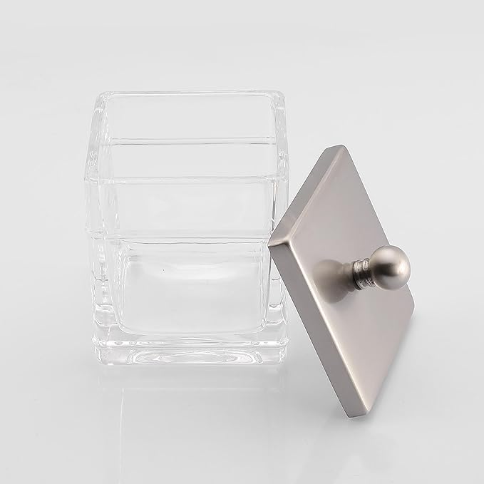 Indecor Home Glass Cotton Jar Holder 2 Pack– Satin Nickel Lid, Elegant Bathroom Storage Canister for Qtips, Cotton Balls, Floss, Makeup Organizer, Vanity & Bathroom Organization