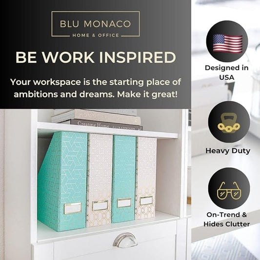BLU MONACO | Set of 4 Foldable Pink & Aqua Magazine File Holders with Gold Geometric Patterns | Vertical File Organizer Boxes with Gold Label Holders for Home & Office